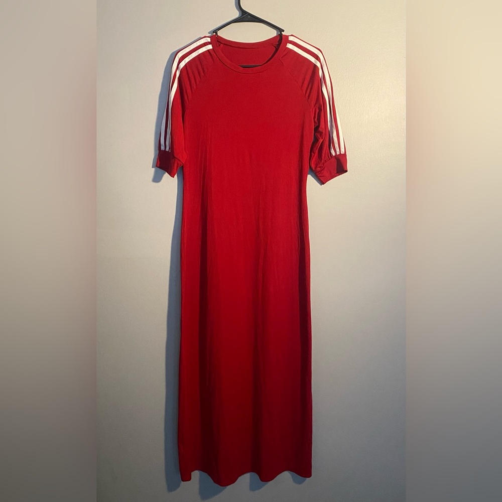 Item 2 Red Short-Sleeve Maxi Dress with Stripe Detail